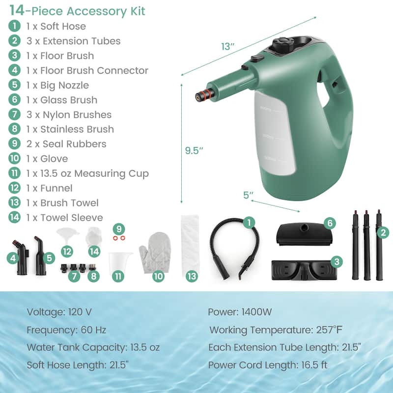 1400W Handheld Steam Cleaner with 14-Piece Accessory Kit and Child Lock - 13" x 5" x 9.5" (L x W x H)