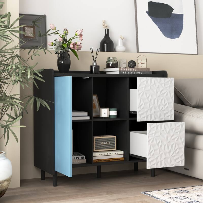 Modern Sideboard Buffet Cabinet with 2 Drawers and 2 Open Storage Compartment