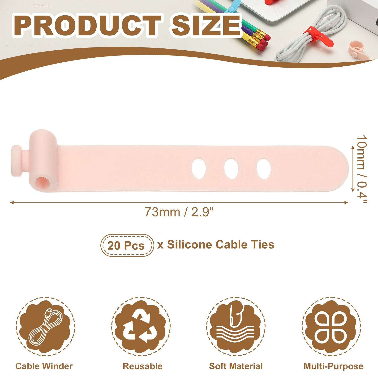 Silicone Cable Ties, Reusable Rubber Cord Tie Adjustable Elastic Cord Wraps with Locking Buckle
