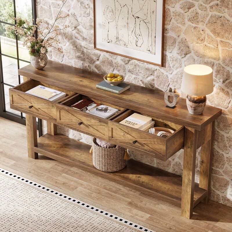 70.9” Extra Long Console Table with 3 Drawers, Farmhouse Entryway Table with Storage Shelf