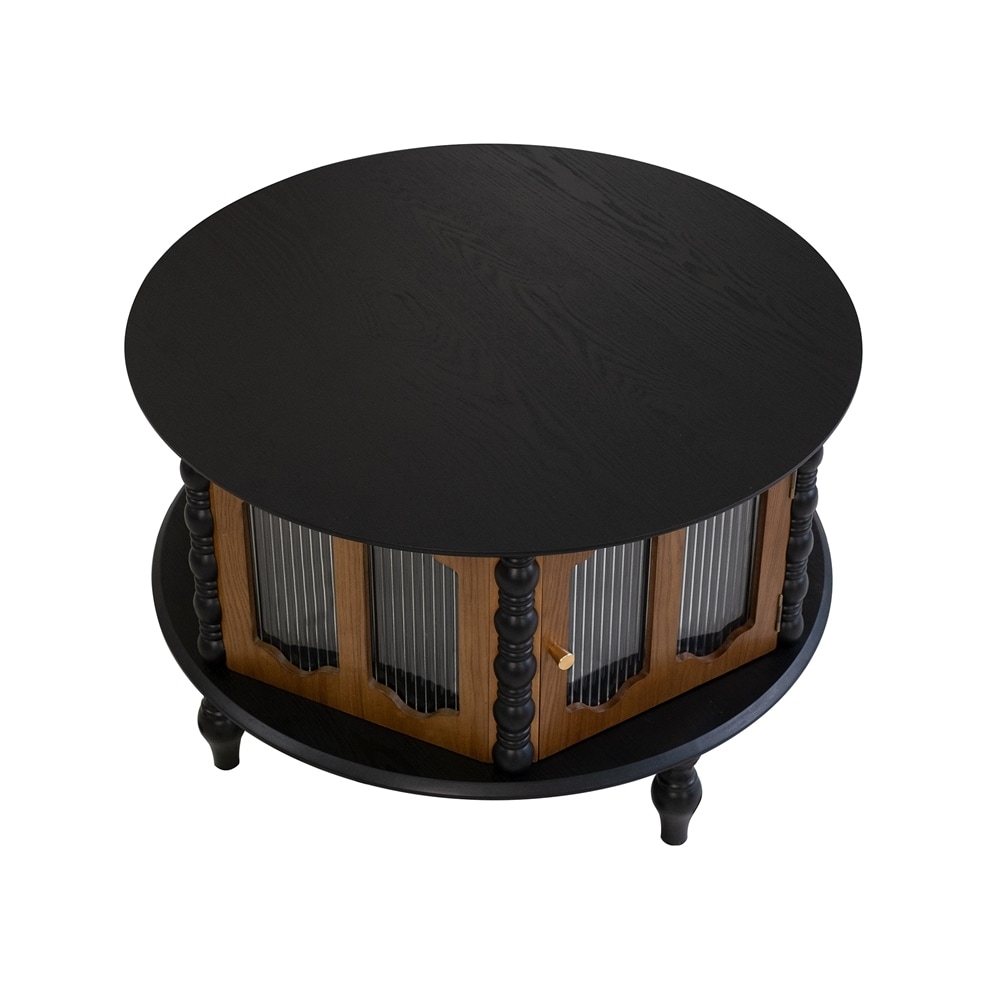Round Wooden Coffee Table With Storage, Vintage Living Room Center Table with 3 Glass Doors
