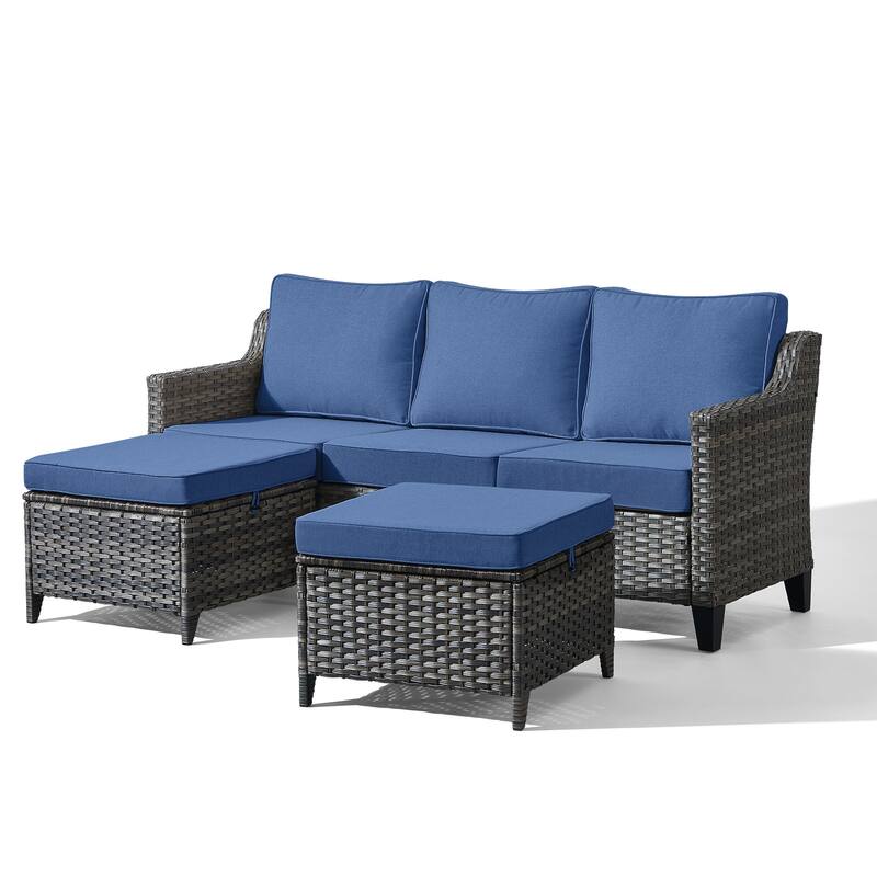 Meyreso Gray Wicker 3-Seat Patio Sofa with 4-Inch Thick Cushions and ottomans