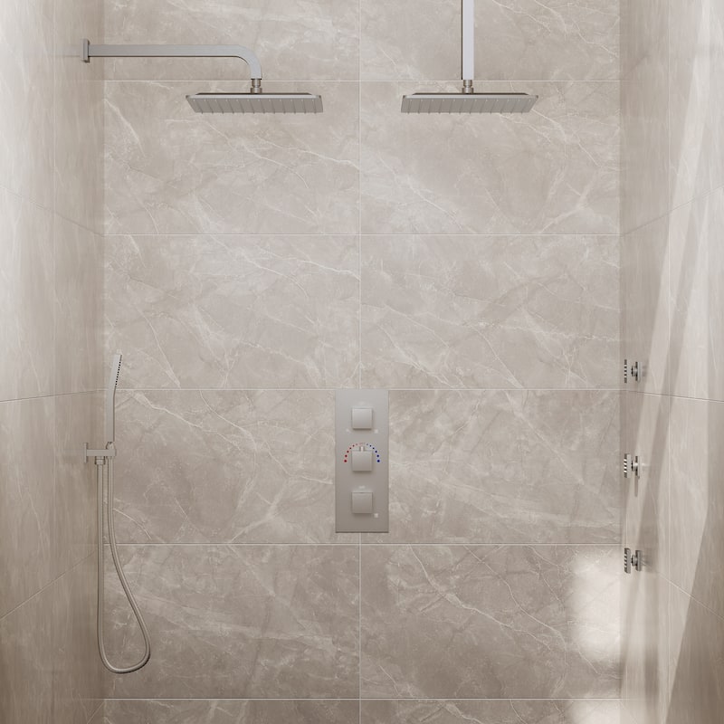 Thermostatic Faucet System 12" Dual Showerheads with 3 Body Jets and Rough-In Valve