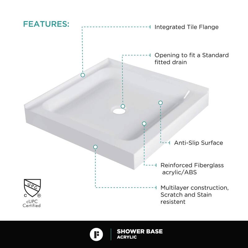 Fine Fixtures Double Threshold Acrylic Shower Base - Non-Slip Textured Surface Shower Floor Pan in White