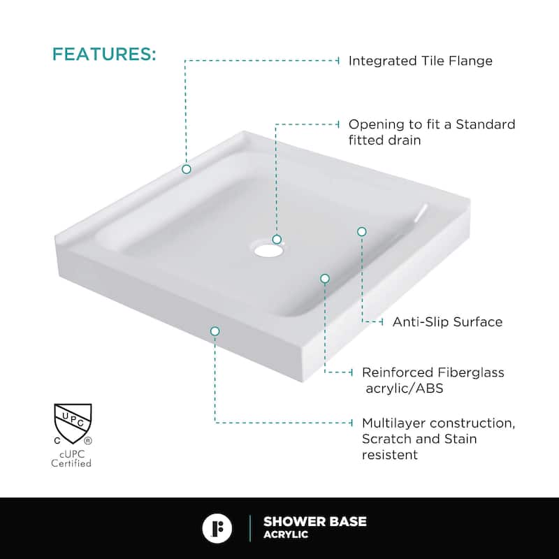 Fine Fixtures Double Threshold Acrylic Shower Base - Non-Slip Textured Surface Shower Floor Pan in White