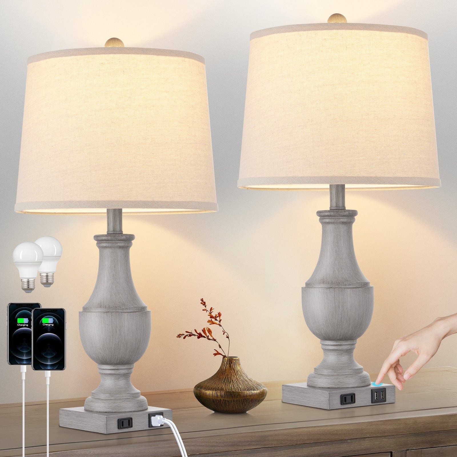 Cinkeda Table Lamp Gray Resin USB Port & AC Outlet (Set of 2)