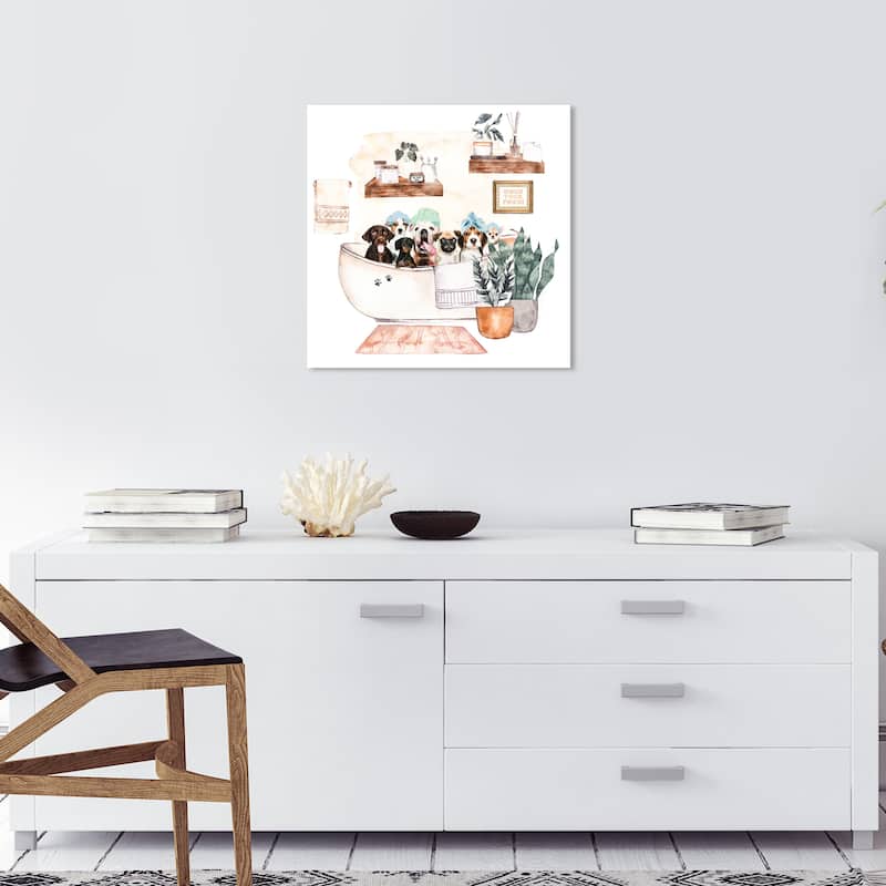 Wynwood Studio Canvas Bath and Laundry Dogs in The Bath Tub White and Cream White Modern & Contemporary Wall Art Canvas Print - 20 x 20