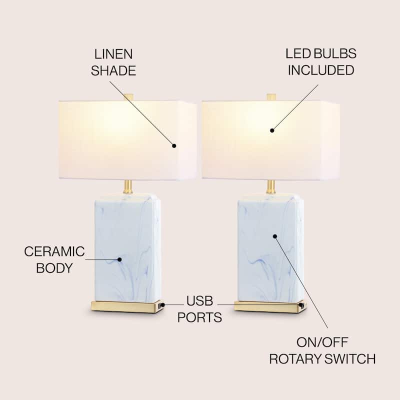 Easton 24.5" Modern Coastal Iron/Marbled Ceramic LED Table Lamp with USB Charging Port, Blue/White (Set of 2), by JONATHAN Y