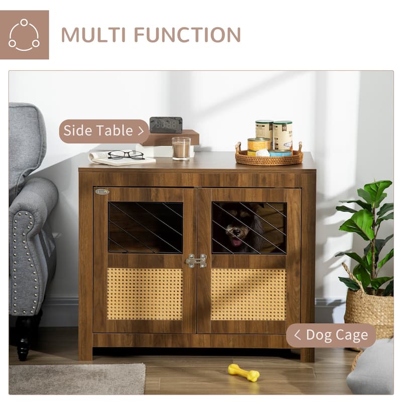 PawHut Dog Crate Furniture with Soft Cushion, Dog Crate End Table with Rattan Decoration