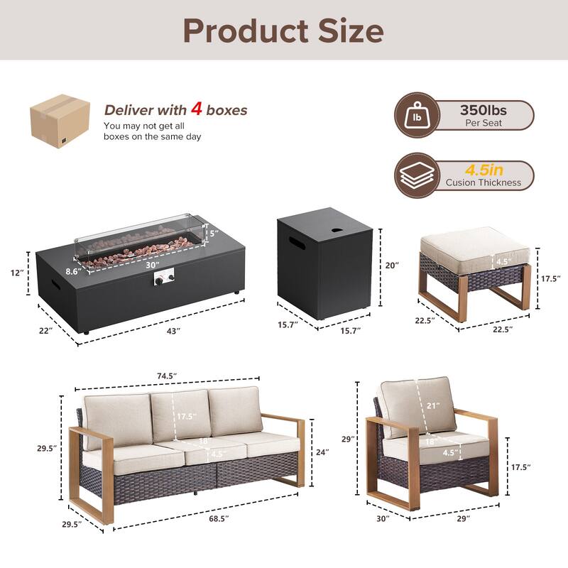 Meyreso Wicker Patio Conversation Set with Metal Fire Pit Table & 4.5-Inch Olefin Cushions