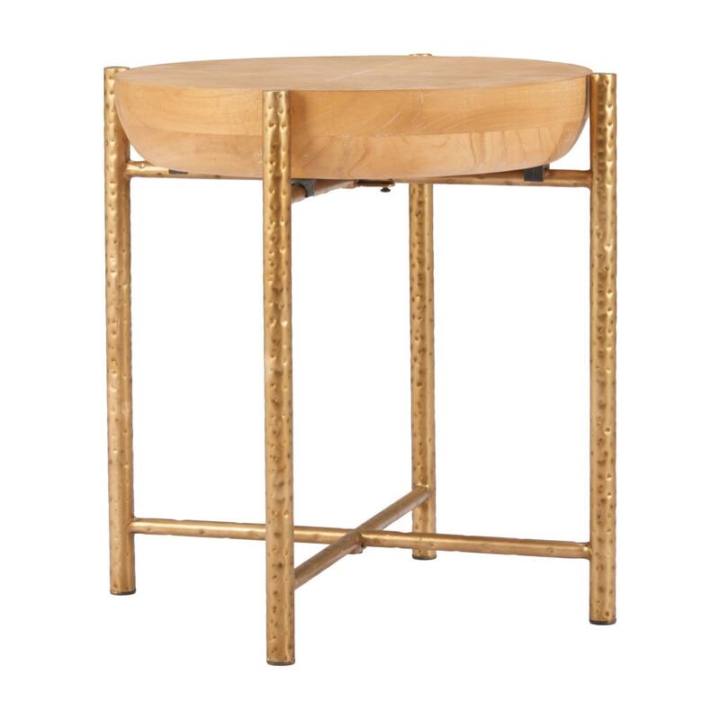 HomeRoots 22" Natural and Gold Wood and Stainless Steel Round End Table - 22.00 in. x 22.20 in. x 22.00 in.