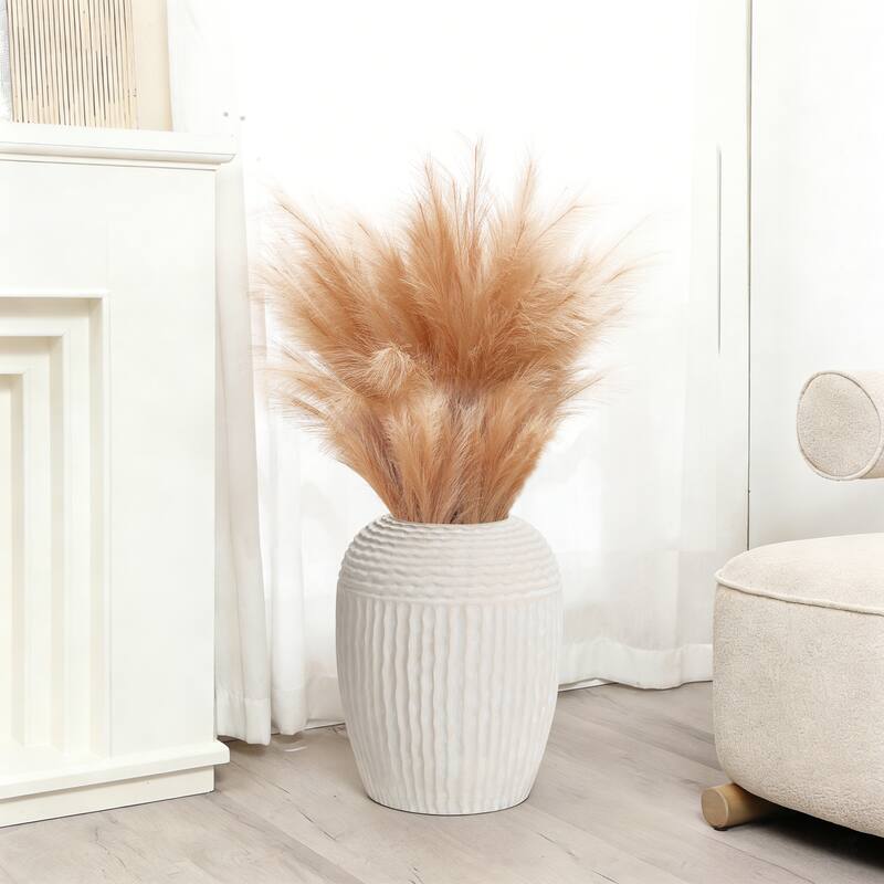 Beige Ribbed Round 15.2-Inch Tall MgO Vase