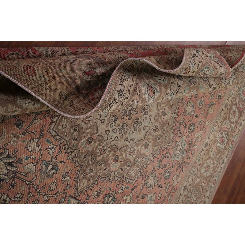 Pink Tabriz Vintage Persian Rug Hand-Knotted Traditional Wool Carpet - 6'6" x 9'11"