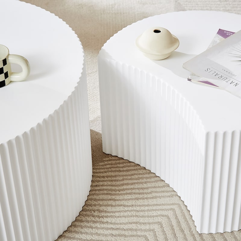 Modern Coffee Table, White Table Set of 2 with Hand-Carved Relief, for Living Room, Office and Leisure Area