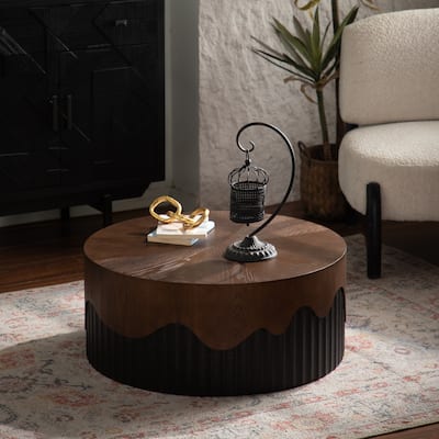 30.31" Round Coffee Table Handcrafted Relief Sturdy Pedestal Wooden Tea Table for Living Room no need to Assemble