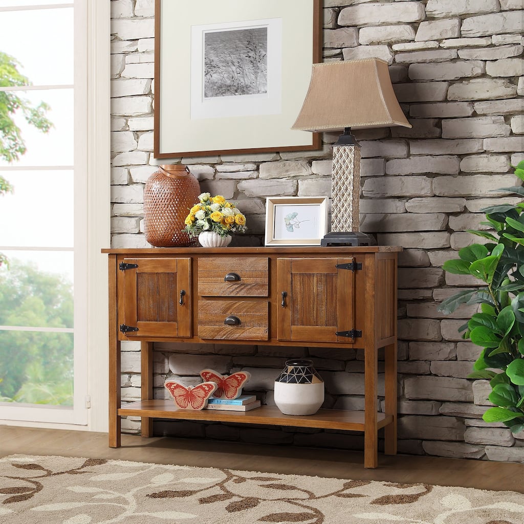 Brown Sideboard Console Table with 2 Drawers and Cabinets, Buffet Server Cabinet Storage Cabinet with Bottom Shelf