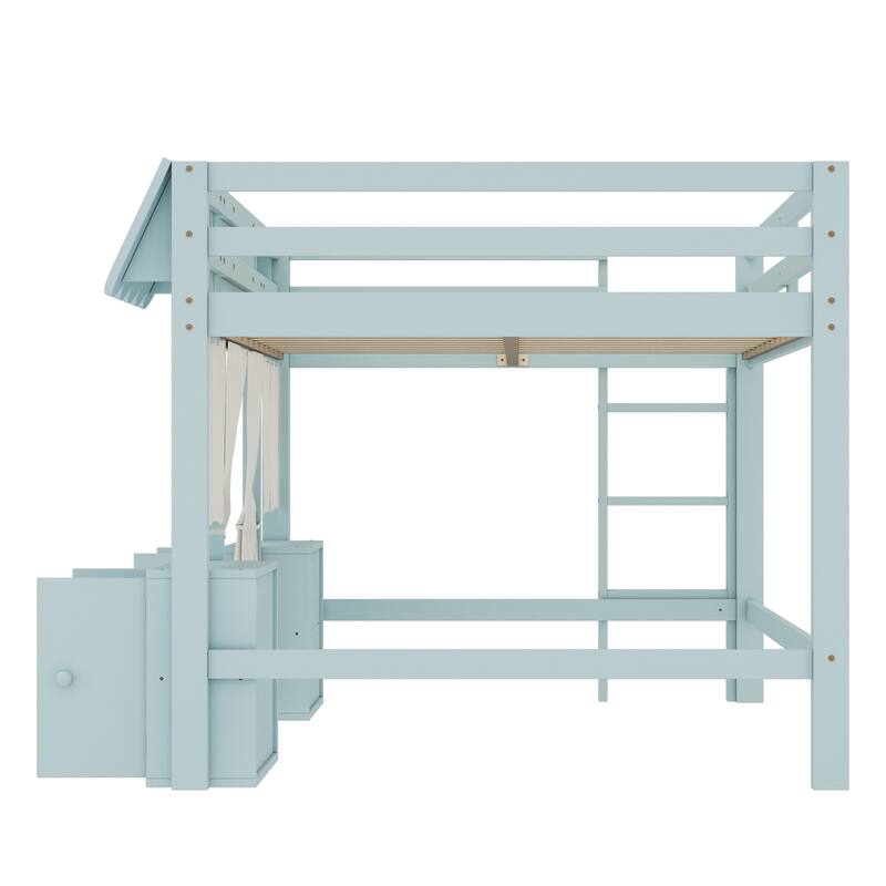 Roomfitters Low Loft Bed with Curtain and Storage, Solid Wood Cottage Frame with Bookshelf