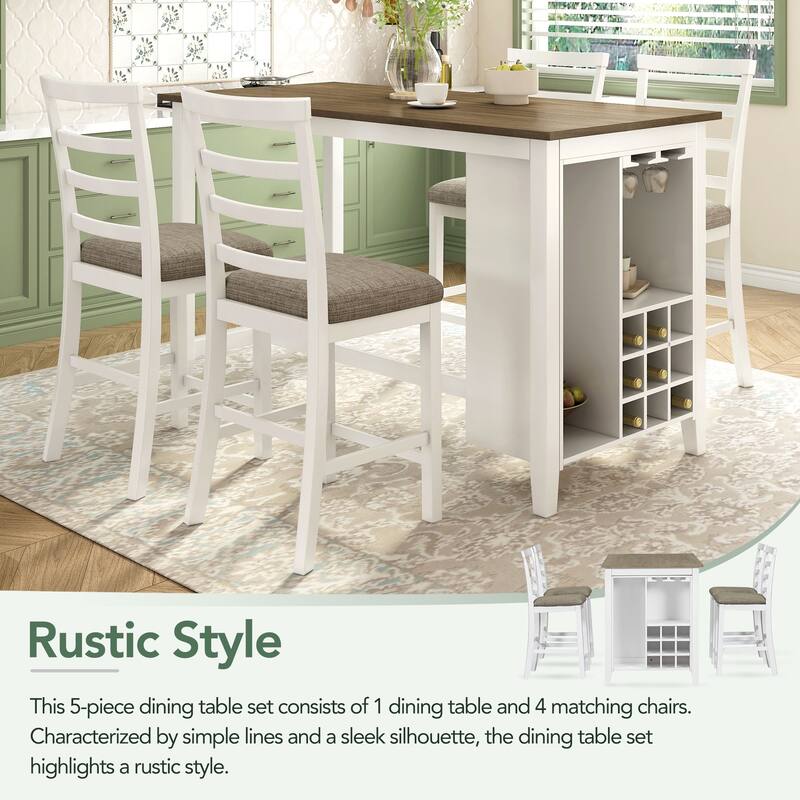 5 Piece Kitchen Table Set, Multi-Functional Counter Height Dining Set with 4 Chairs, 9 Bar Wine Compartment, Wine Glass Holder