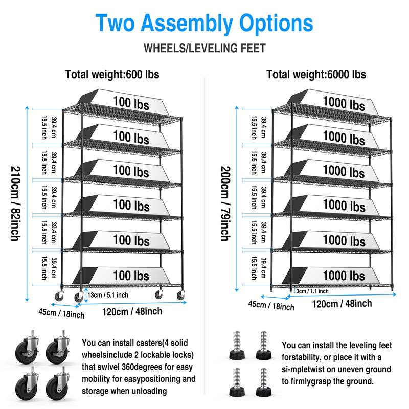 Heavy Duty 6 Tier Metal Shelves, Height Adjustable with Wheels