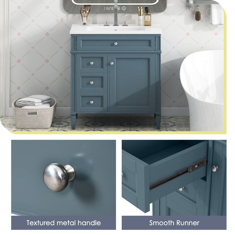 30" Bathroom Vanity Cabinet with Sink, Modern Freestanding Vanity with 2 Storage Drawers, Tip-out Drawer, and Adjustable Shelf