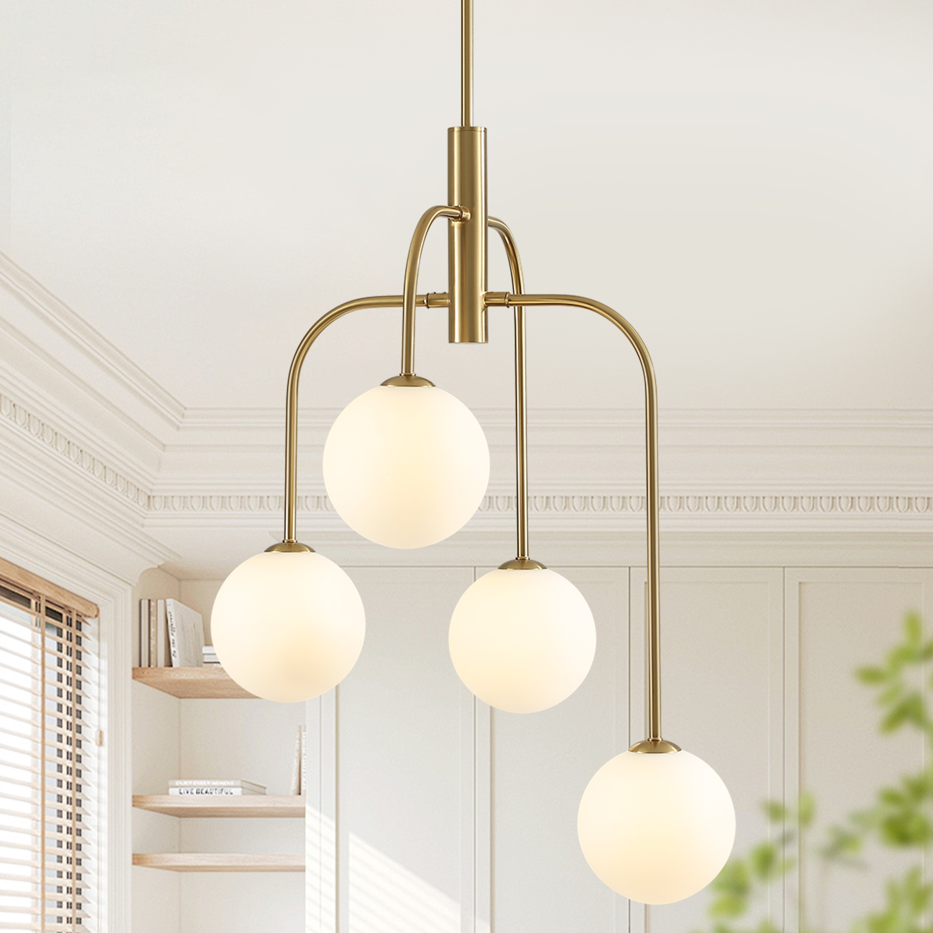 4 - Light Dimmable Sputnik Modern Linear Chandelier with White Glass Shade - Brushed Gold