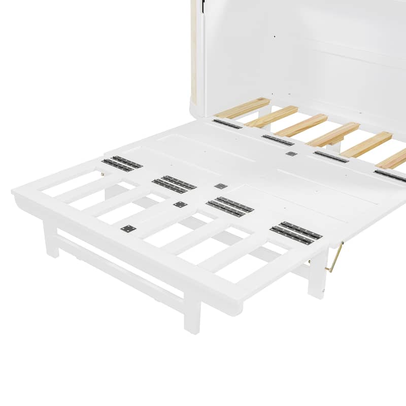 Queen Size Murphy Bed with Hidden Storage, Side Cabinets, and Woven Drawer Design, Space-Saving Foldable Bed