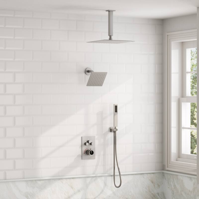GRANDJOY Dual Shower Heads 12" Rainfall Shower System with 4-Piece Bathroom Towel Rack Combo Set