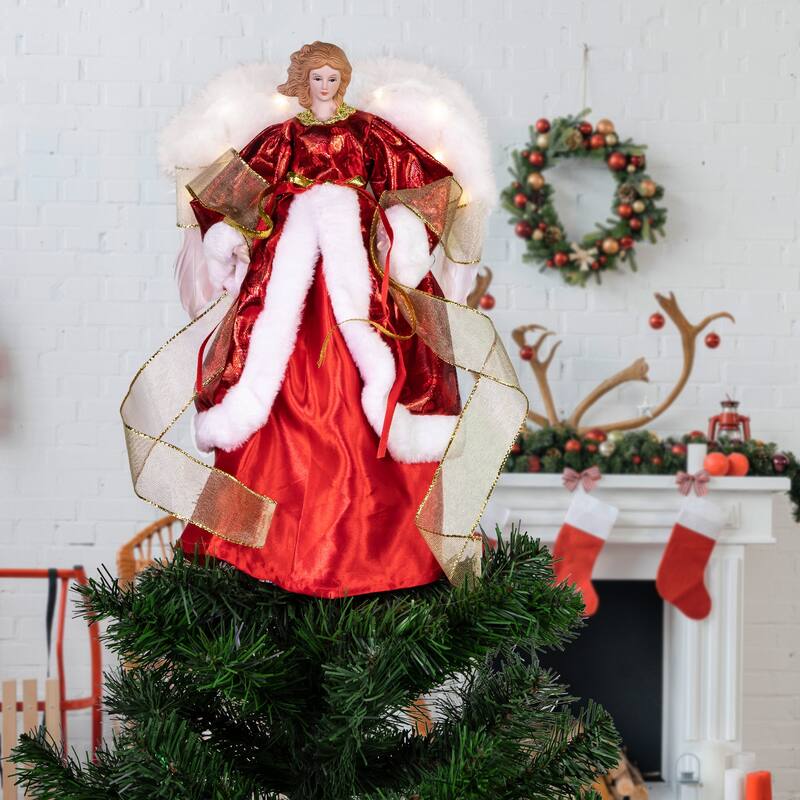 Angel with Lighted Wings Christmas Tree Topper - 14" - Red and White