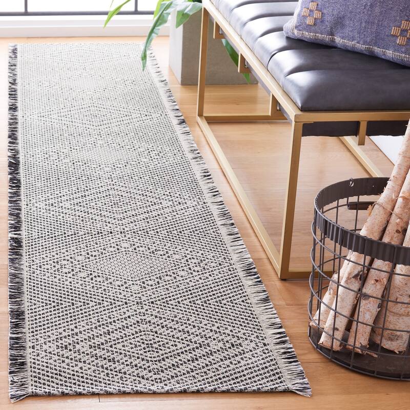 SAFAVIEH Augustine Mualla Boho Diamond Fringe Rug - 2' x 9' Runner - Ivory/Black