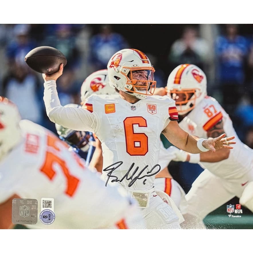 Baker Mayfield Autographed Tampa Bay Buccaneers Signed Football 8x10 Photo Beckett COA - 8' x 11'