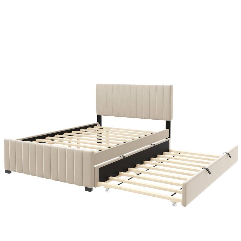 Full Size Bed Frame with Pull Out Twin Trundle Bed, Low Profile Velvet Upholstered Bed Platform Bed with Striped Headboard