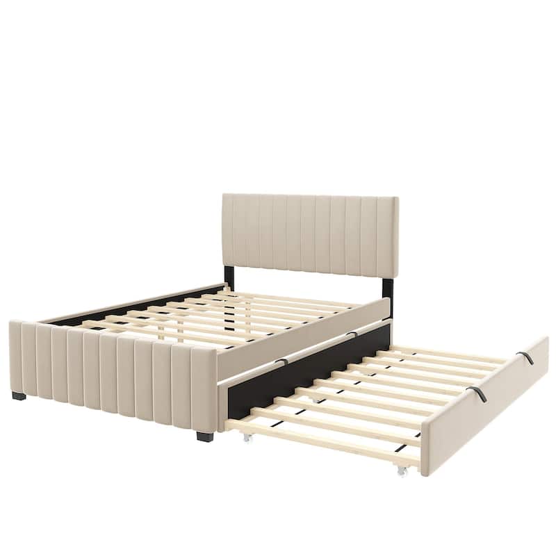 Full Size Platform Bed Stylish Velvet Upholstered Bed Frame with Headboard and Footboard & Pull Out Twin Size Trundle