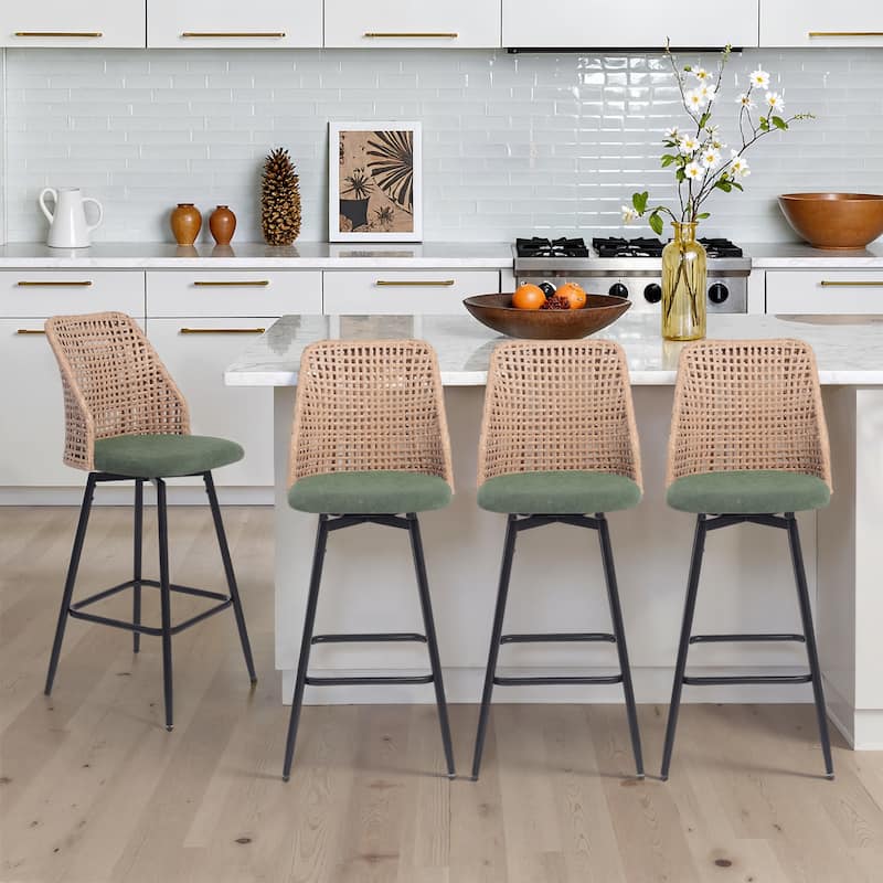 Chenille Counter Height Swivel Bar Stools Rattan Back with Metal Legs - Green - Set of 4
