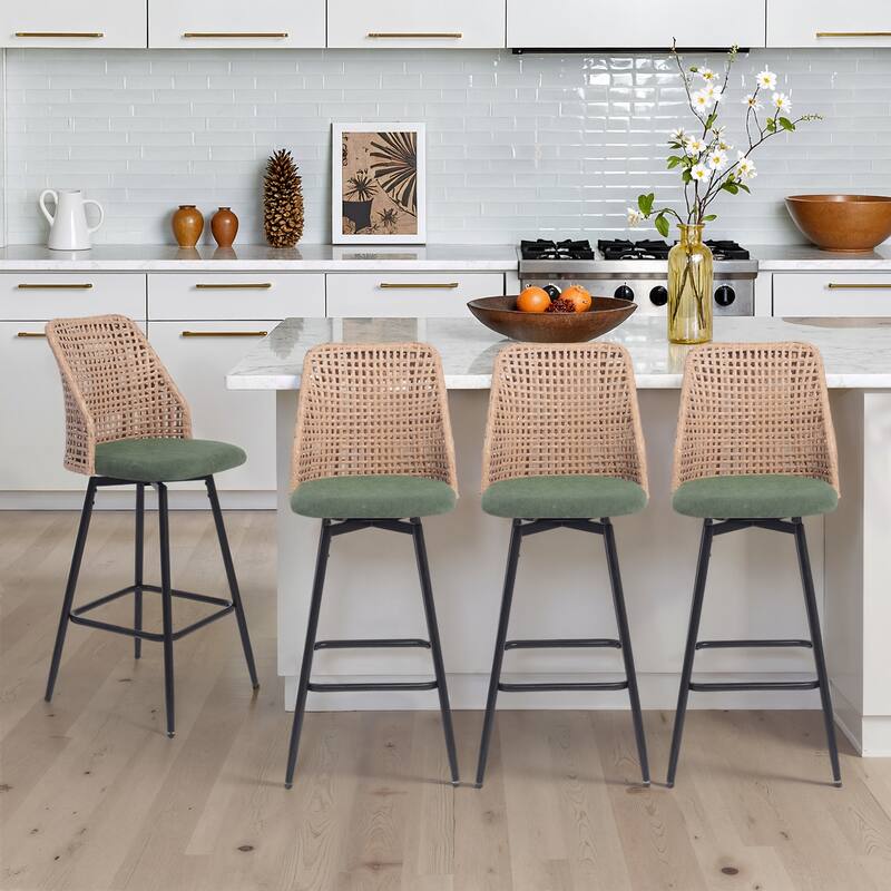 Modern Wicker 27" Upholstered Counter Bar Stool With Back Set of 4 - Green