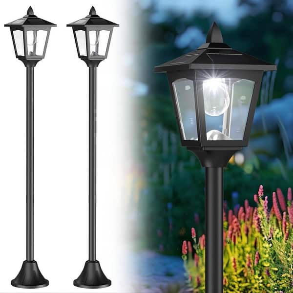 slide 2 of 9, 2 Pack 40" Solar Lamp Post Lights IP65 Waterproof LED Outdoor Pole Lighting - Black Black