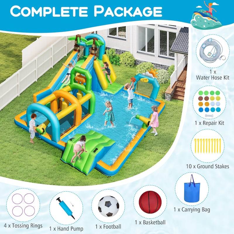 Large Outdoor Inflatable Water Park Slide with Climbing Ramp Basketball Hoop and Ring Toss for Kids