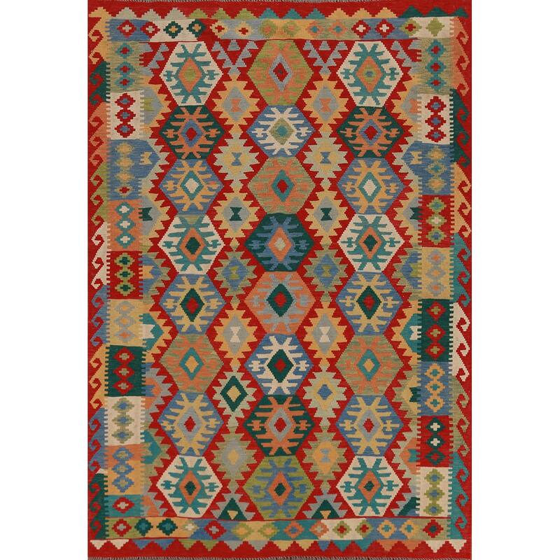 Hand Woven Oriental 100% Wool Carpet Southwestern Geometric Multi-Colored Kilim Area Rug - 8' 5'' X 5' 10''