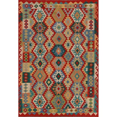 Hand Woven Oriental 100% Wool Carpet Southwestern Geometric Multi-Colored Kilim Area Rug - 8' 5'' X 5' 10''