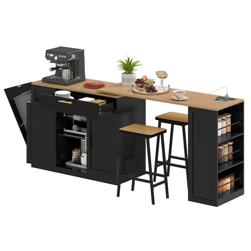 Moasis Rolling Kitchen Islands Cart with Extendable Dining Table and 2 Stool & Trash Cabinet