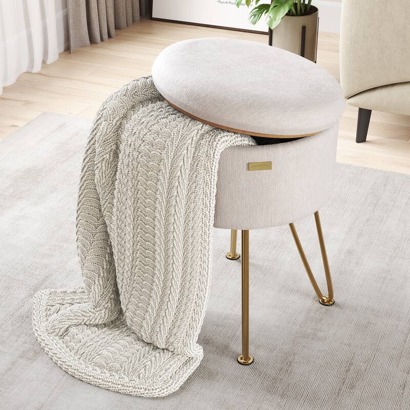 Emperyan Textured Velvet Round Ottoman with Hidden Storage