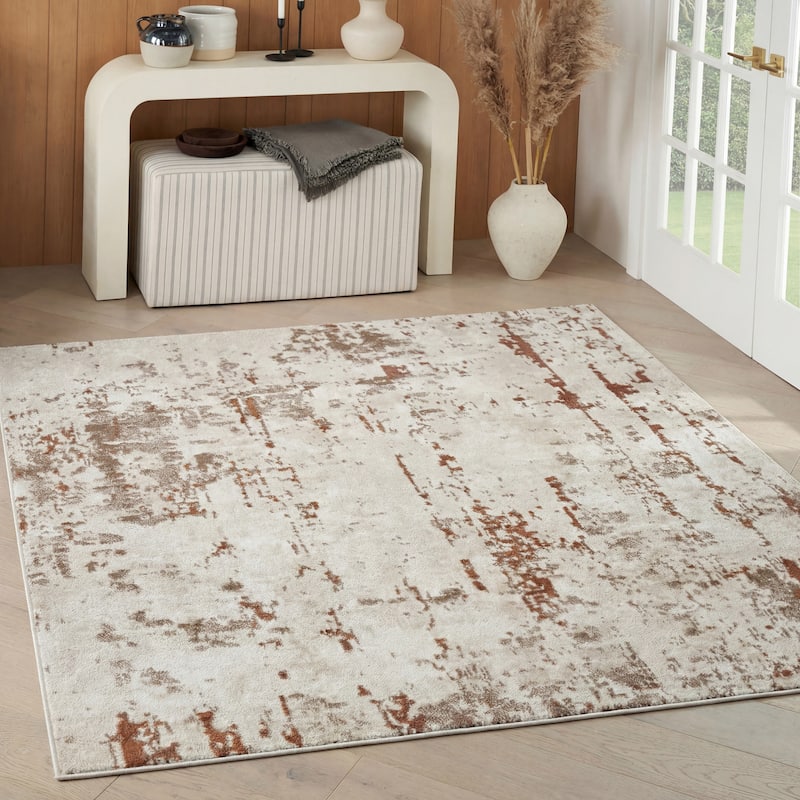 Nourison Concerto Modern Abstract Distressed Area Rug. - 7'10" x Square - Ivory/Rust