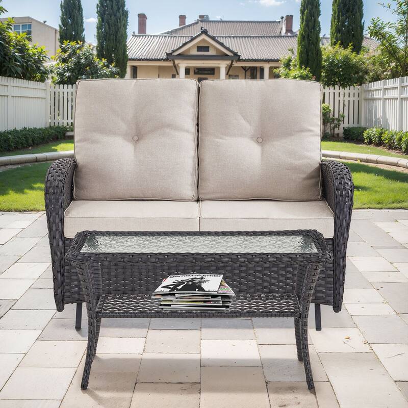 2 Pieces Outdoor Wicker Patio Glider Loveseat with Coffee Table