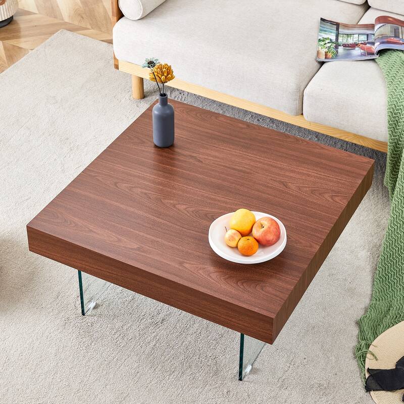Colored Square Mdf Coffee Table -Tempered Glass Legs.Density Board Sticker,Reinforced Glass Legs
