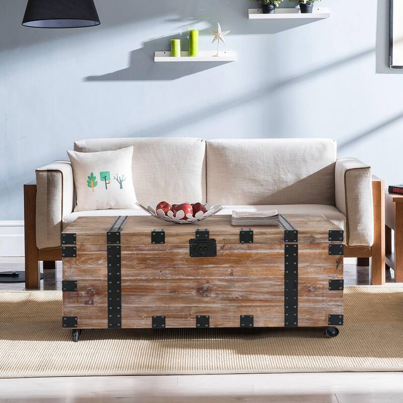 Antique Reclaimed Wood Gray Trunk and Side Table, Set of 3