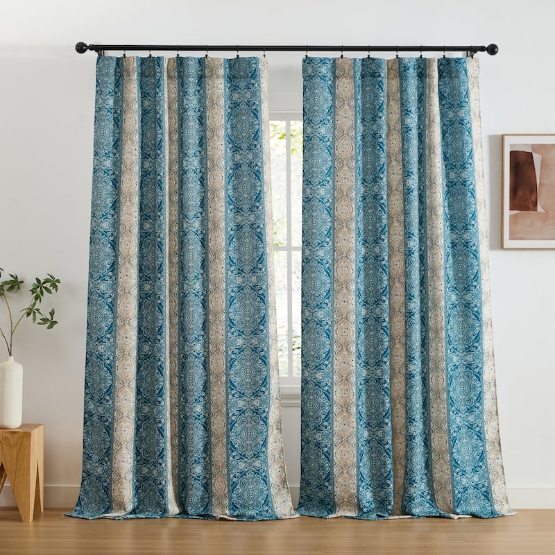 HLC.ME William Boho Damask Striped Window Back Tab Rod Pocket Curtains - Light Blocking Darkening Panels, Set of 2