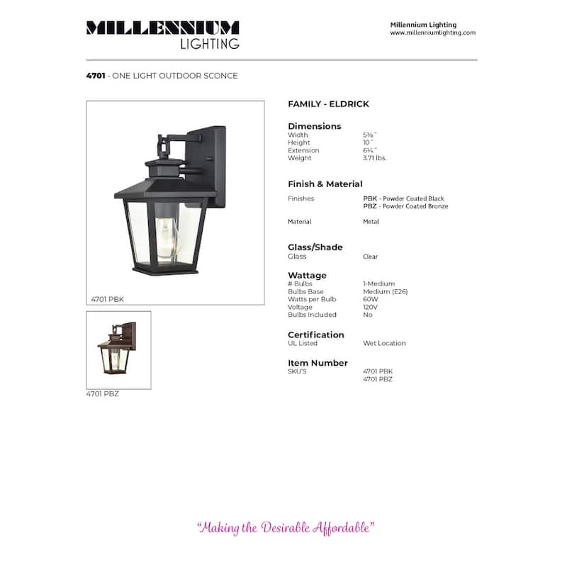 Millennium Lighting Bellmon 1 Light Outdoor Wall Sconce in Powder Coat Black with Clear Glass Shade