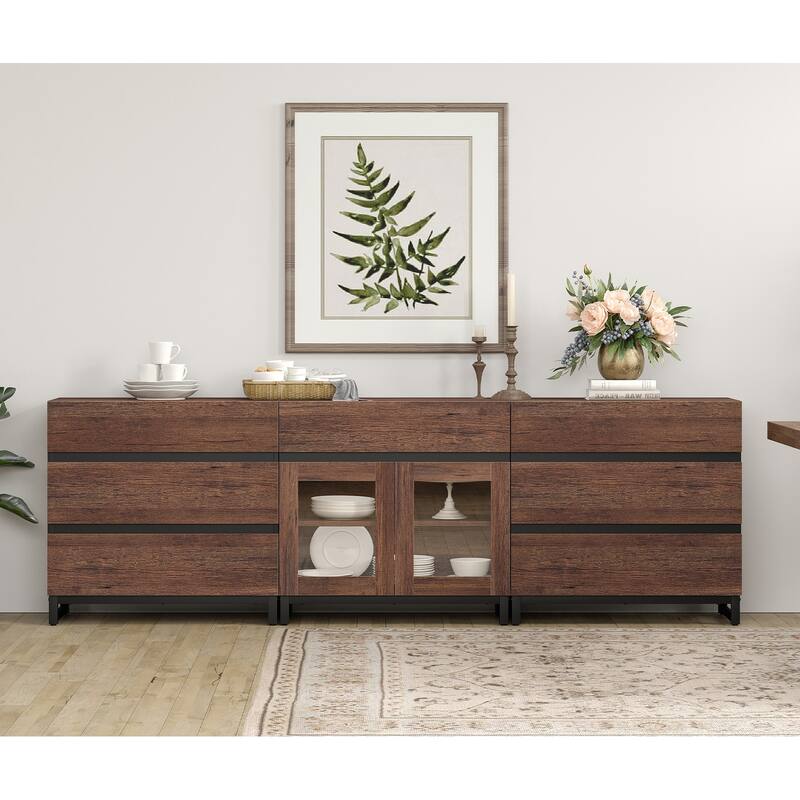 WAMPAT 3 in 1 Sideboard Buffet Cabinets with Glass Doors and 7 Drawers, Coffee Bar Cabinet Storage Cabinet for Kitchen