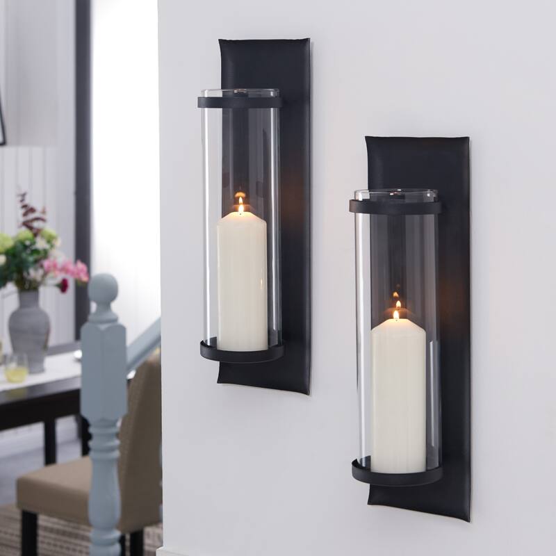 Rectangular Wall Sconce Candle Holders with Glass Insert - 16" - Black - Set of 2