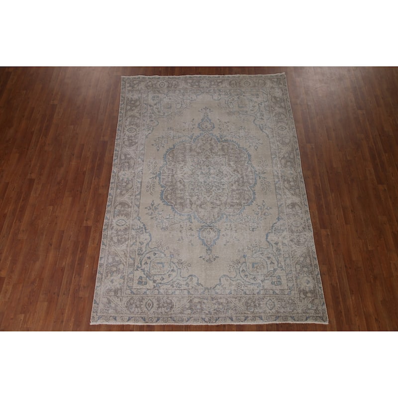 Beige Distressed Tabriz Persian Antique Area Rug Handmade Wool Carpet - 6'5" x 9'4"