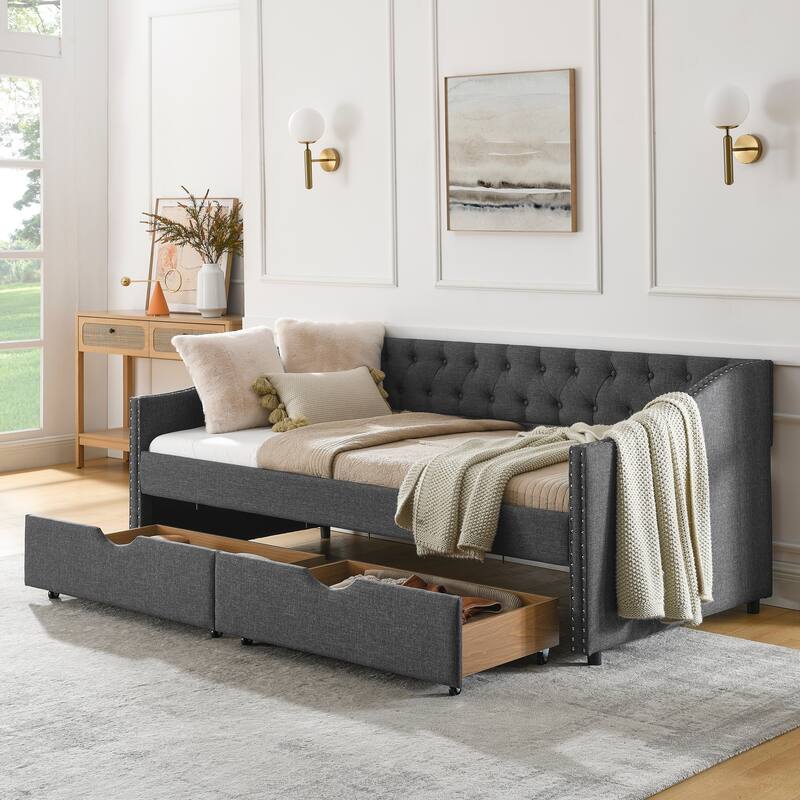 Roomfitters Twin/Full/Queen Upholstered Daybed with Tufted Backrest, Nailhead Trim and Underbed Storage Trundle